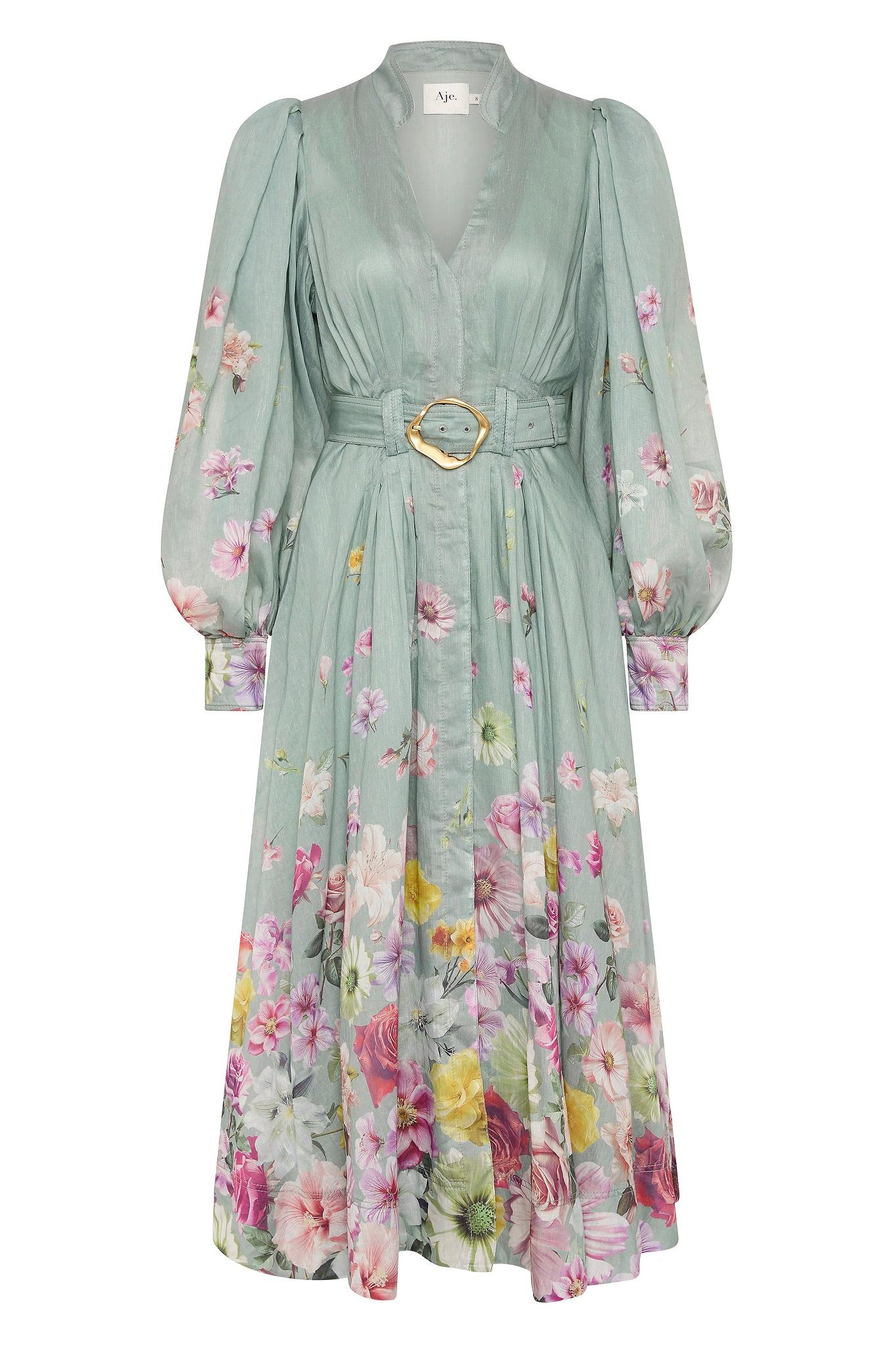 Reyanna™ | Floral Lantern Sleeve Midi Dress With Belt