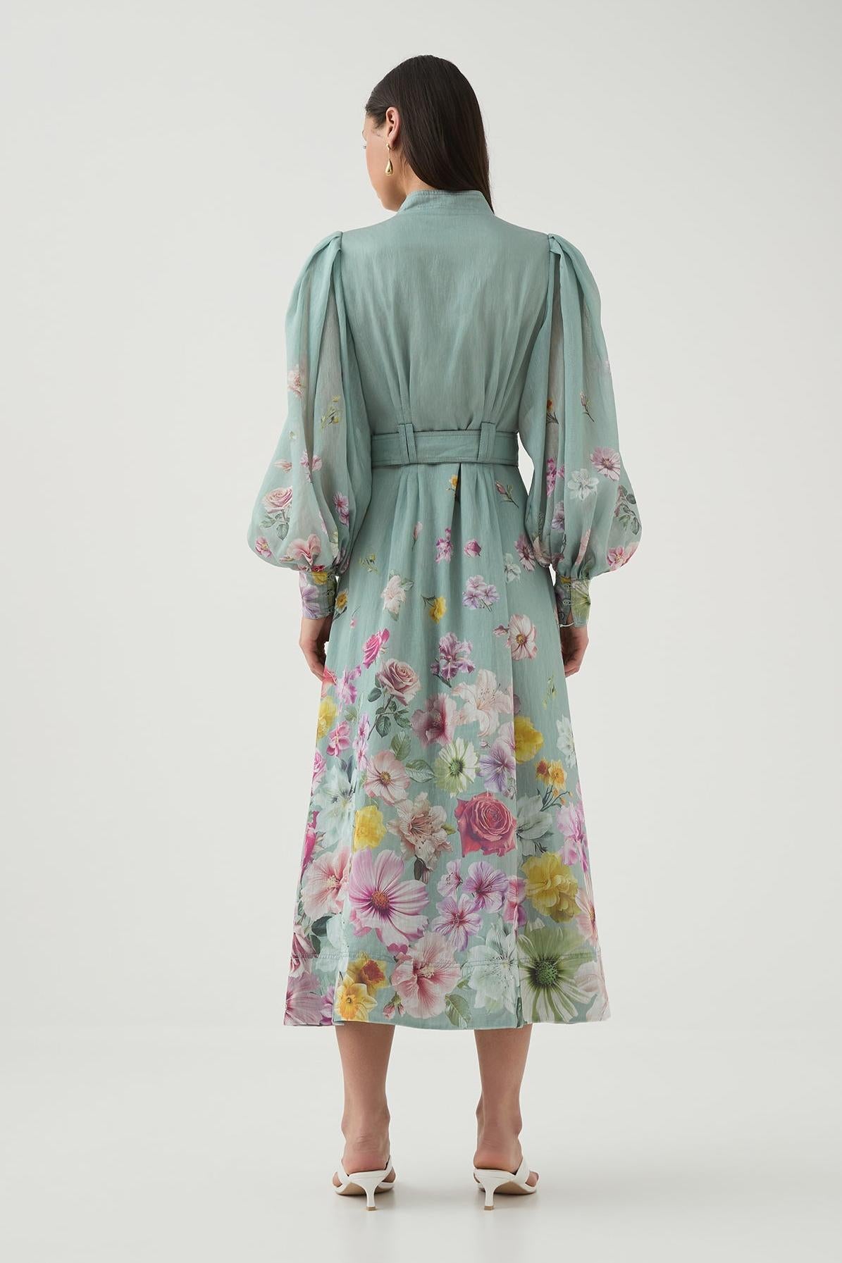 Reyanna™ | Floral Lantern Sleeve Midi Dress With Belt