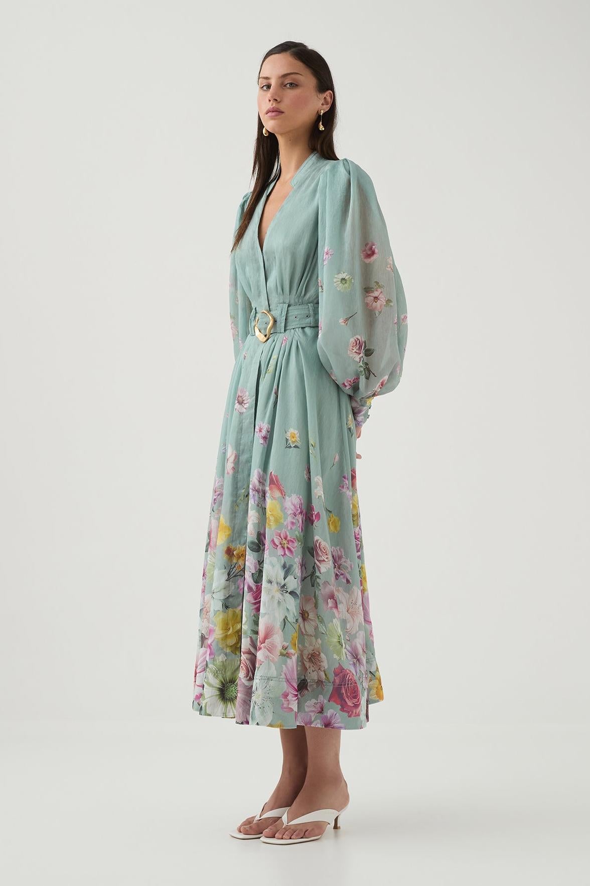 Reyanna™ | Floral Lantern Sleeve Midi Dress With Belt