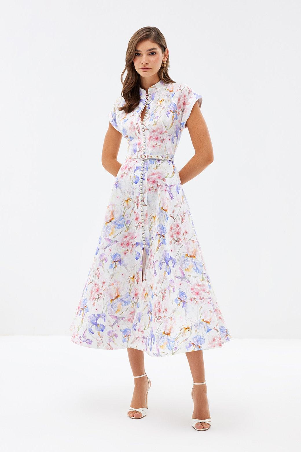 Reyanna™ | Floral Single Breasted Stand Collar Midi Dress