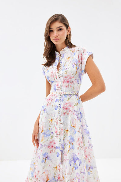 Reyanna™ | Floral Single Breasted Stand Collar Midi Dress