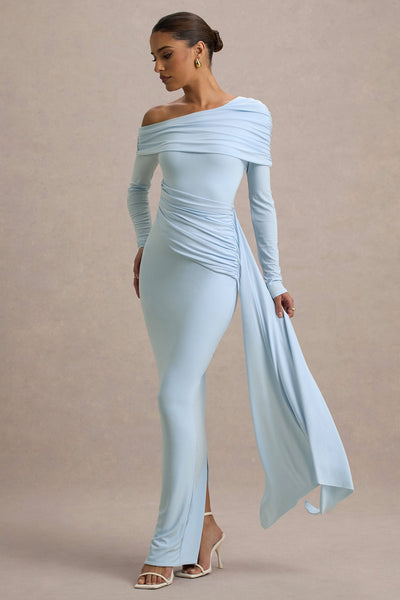 Reyanna™ | Skew Collar Solid Jersey Long Sleeve Maxi Dress