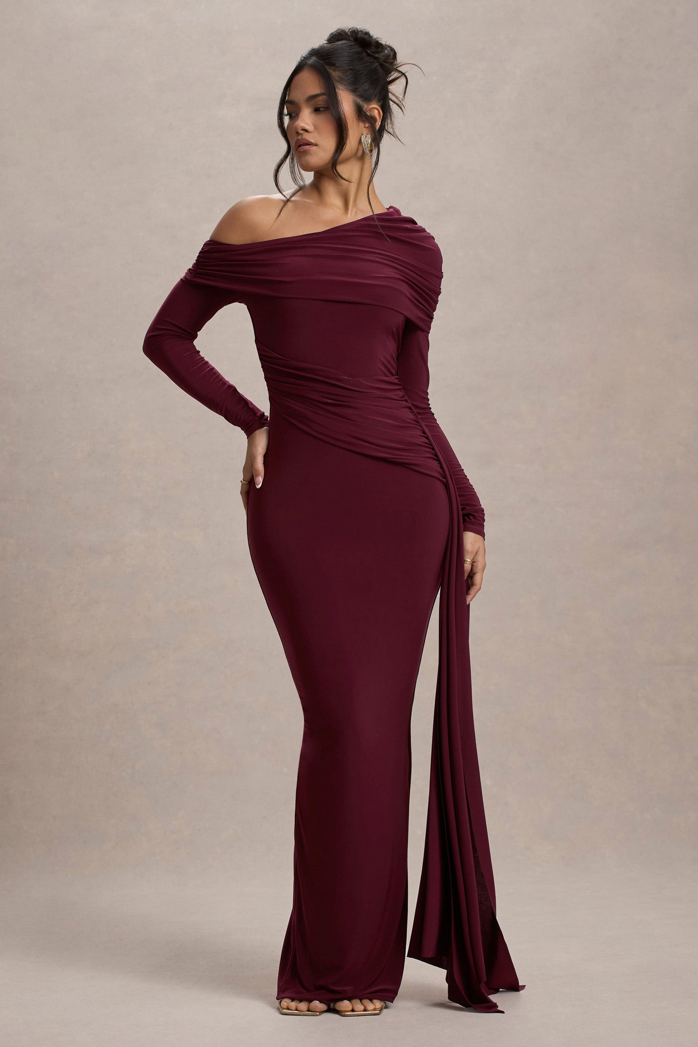 Reyanna™ | Skew Collar Solid Jersey Long Sleeve Maxi Dress