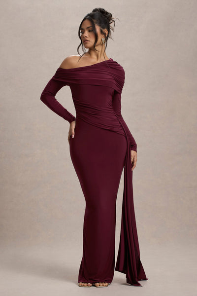 Reyanna™ | Skew Collar Solid Jersey Long Sleeve Maxi Dress