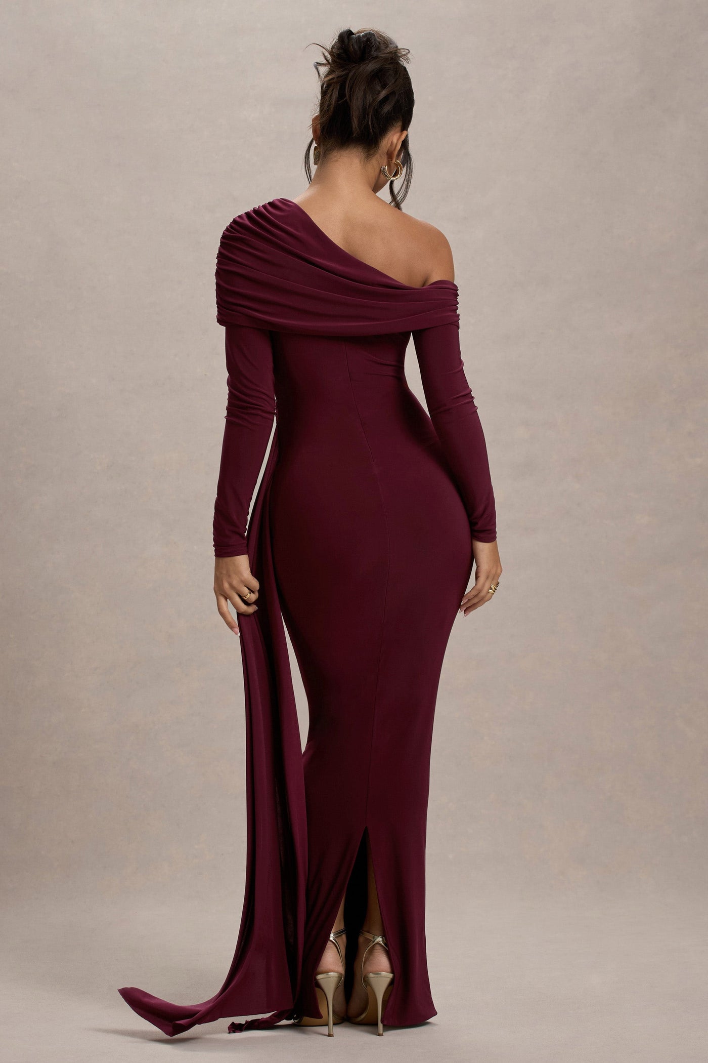 Reyanna™ | Skew Collar Solid Jersey Long Sleeve Maxi Dress