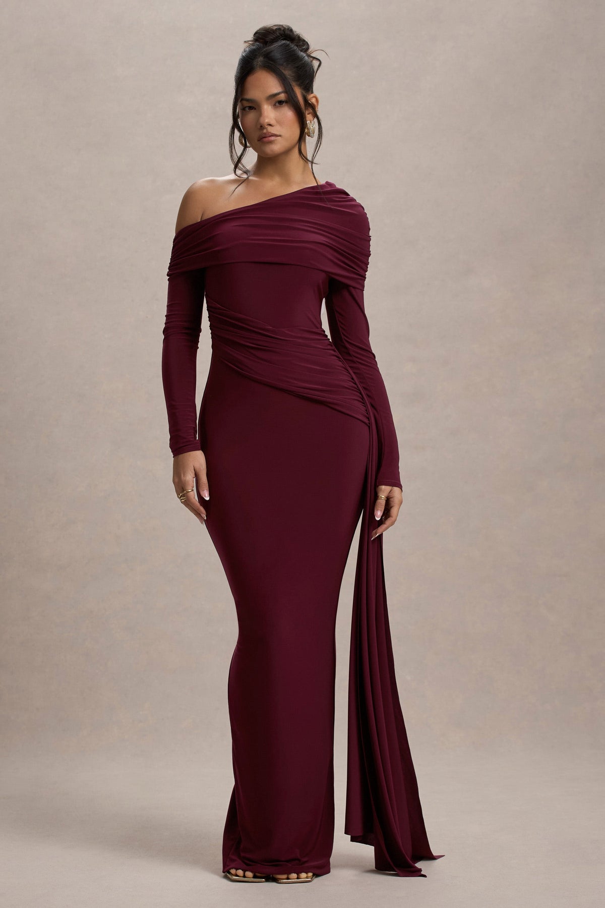 Reyanna™ | Skew Collar Solid Jersey Long Sleeve Maxi Dress
