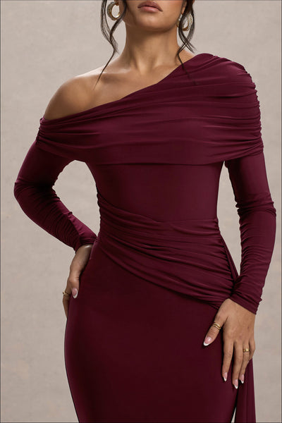 Reyanna™ | Skew Collar Solid Jersey Long Sleeve Maxi Dress