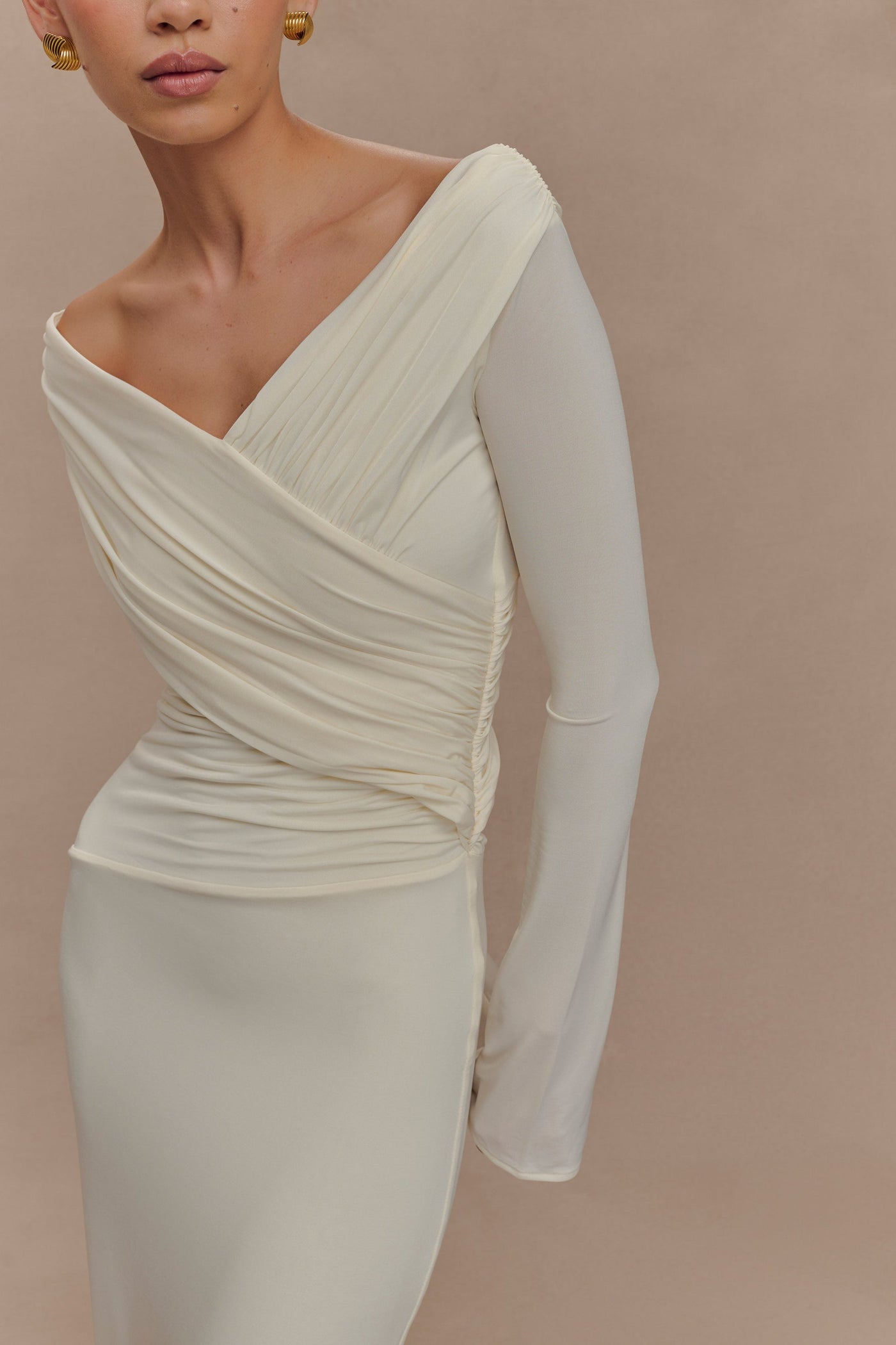Reyanna™ | Jersey Gathering Off-Shoulder Maxi Dress