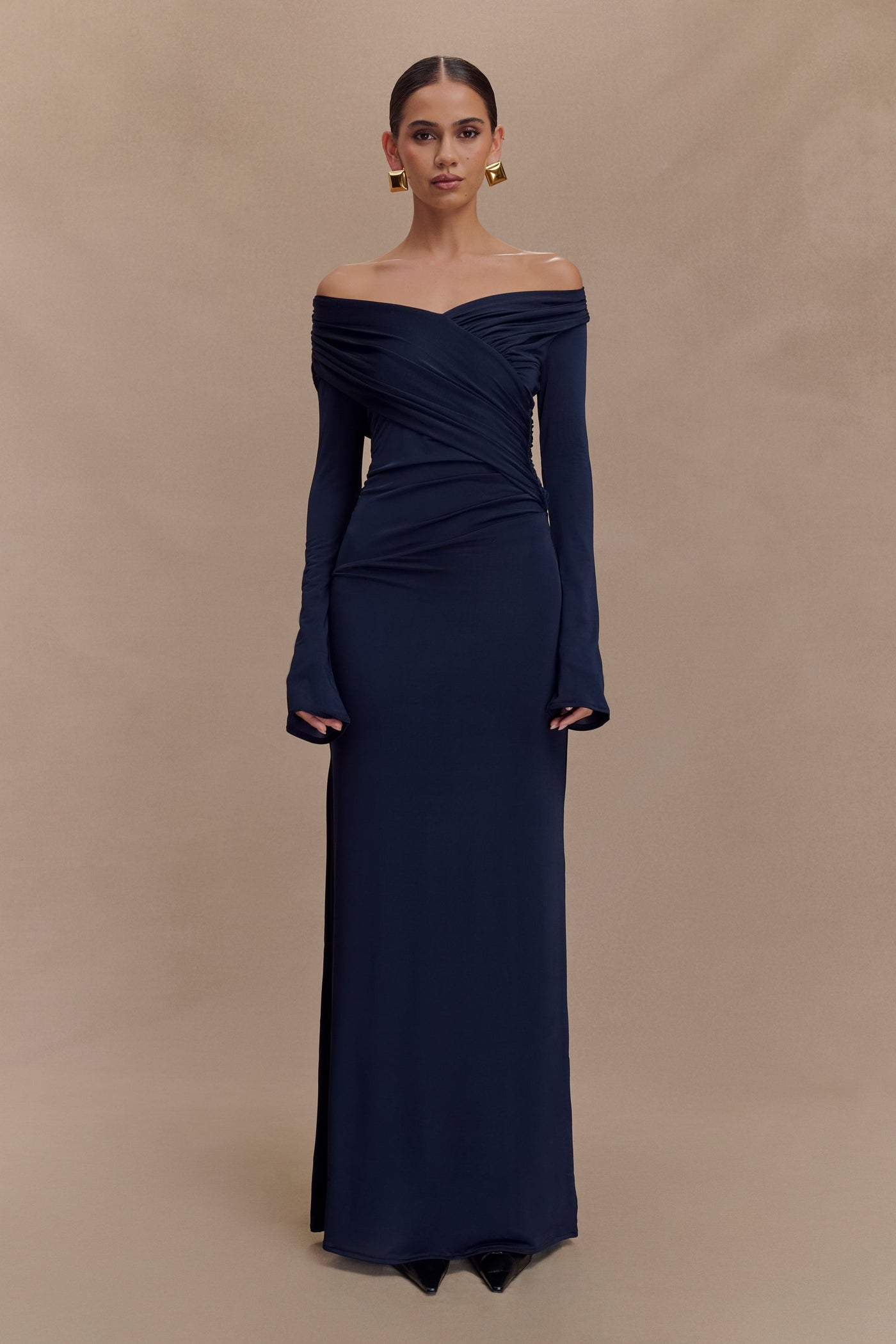 Reyanna™ | Jersey Gathering Off-Shoulder Maxi Dress