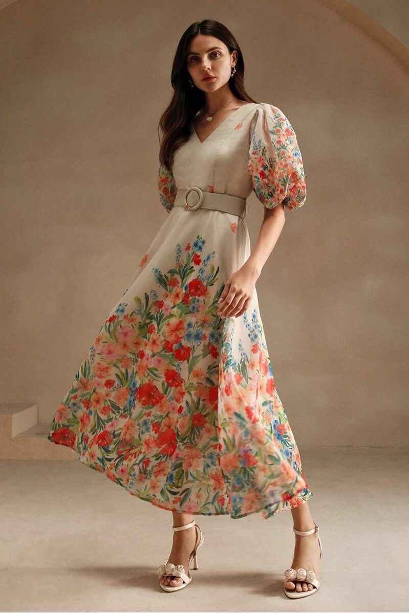 Reyanna™ | Floral V-Neck Midi Dress With Belt