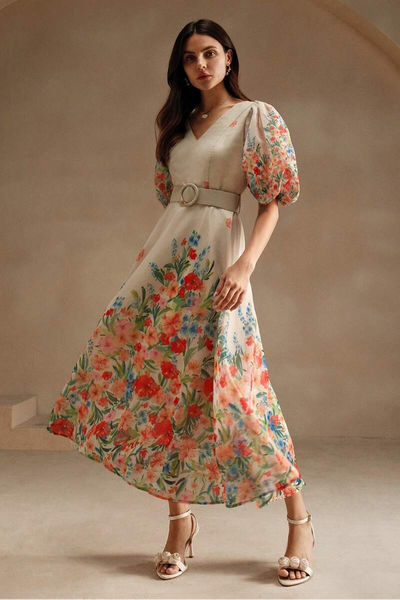 Reyanna™ | Floral V-Neck Midi Dress With Belt
