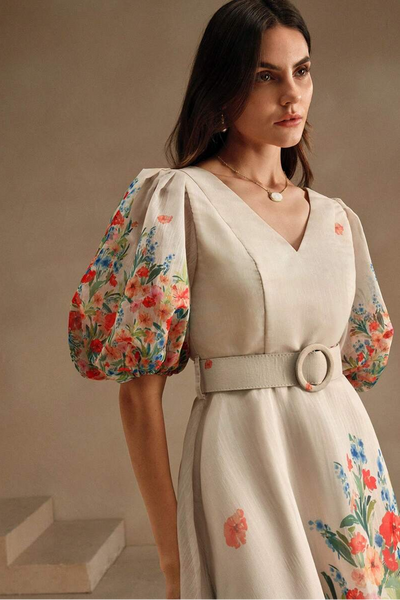 Reyanna™ | Floral V-Neck Midi Dress With Belt