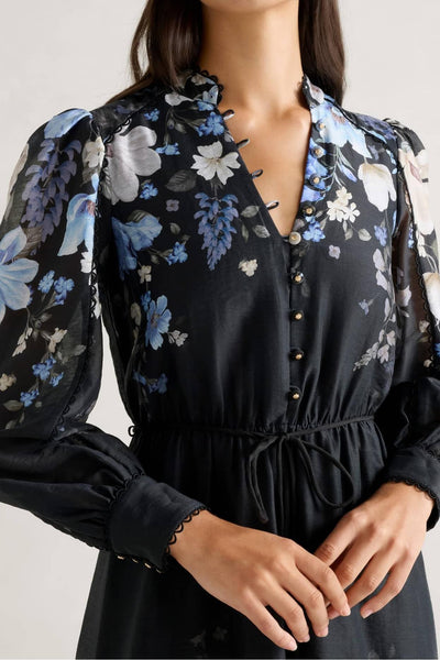 Reyanna™ | Floral Button Stand Collar Midi Dress