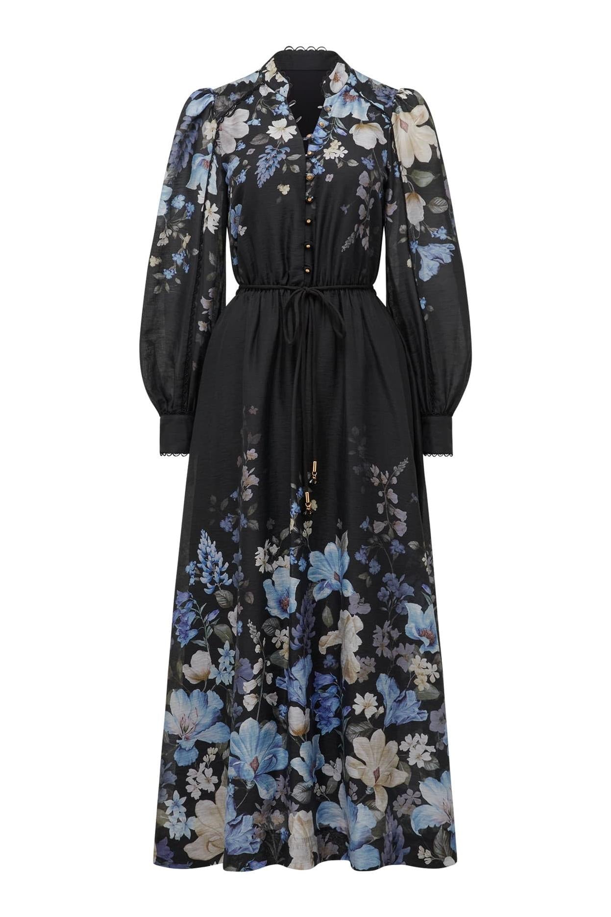 Reyanna™ | Floral Button Stand Collar Midi Dress