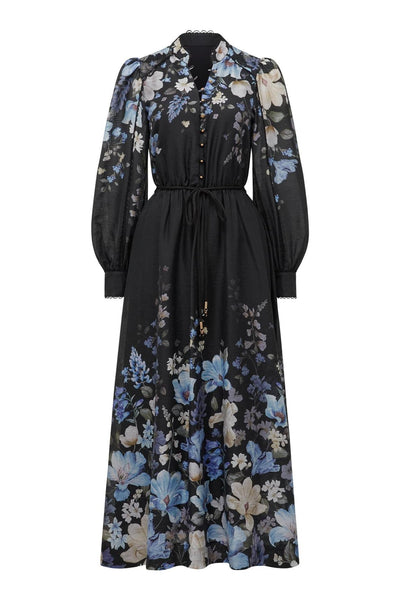 Reyanna™ | Floral Button Stand Collar Midi Dress