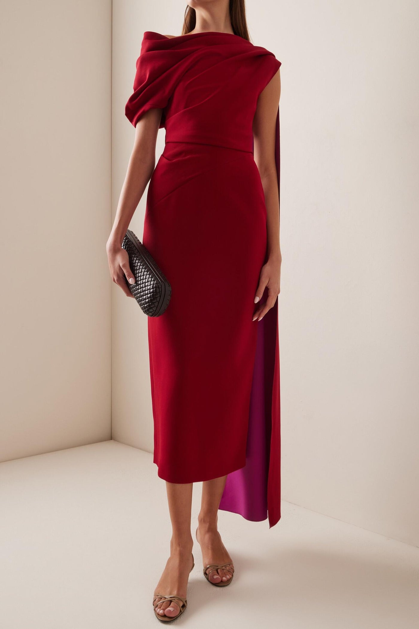 Reyanna™ | Contrast Color Cape Sleeve Slit Midi Dress
