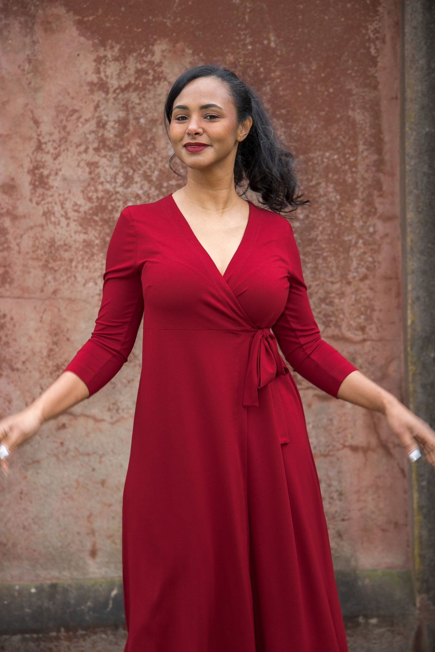 Loose fit midi wrap jersey dress - Red