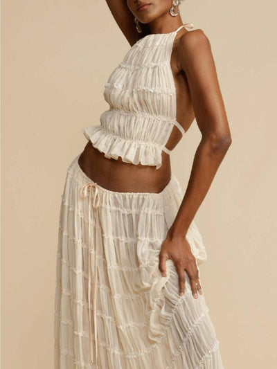 Reyanna™ | Pleated Drawstring Charm Waist Tiered Maxi Skirt Suit