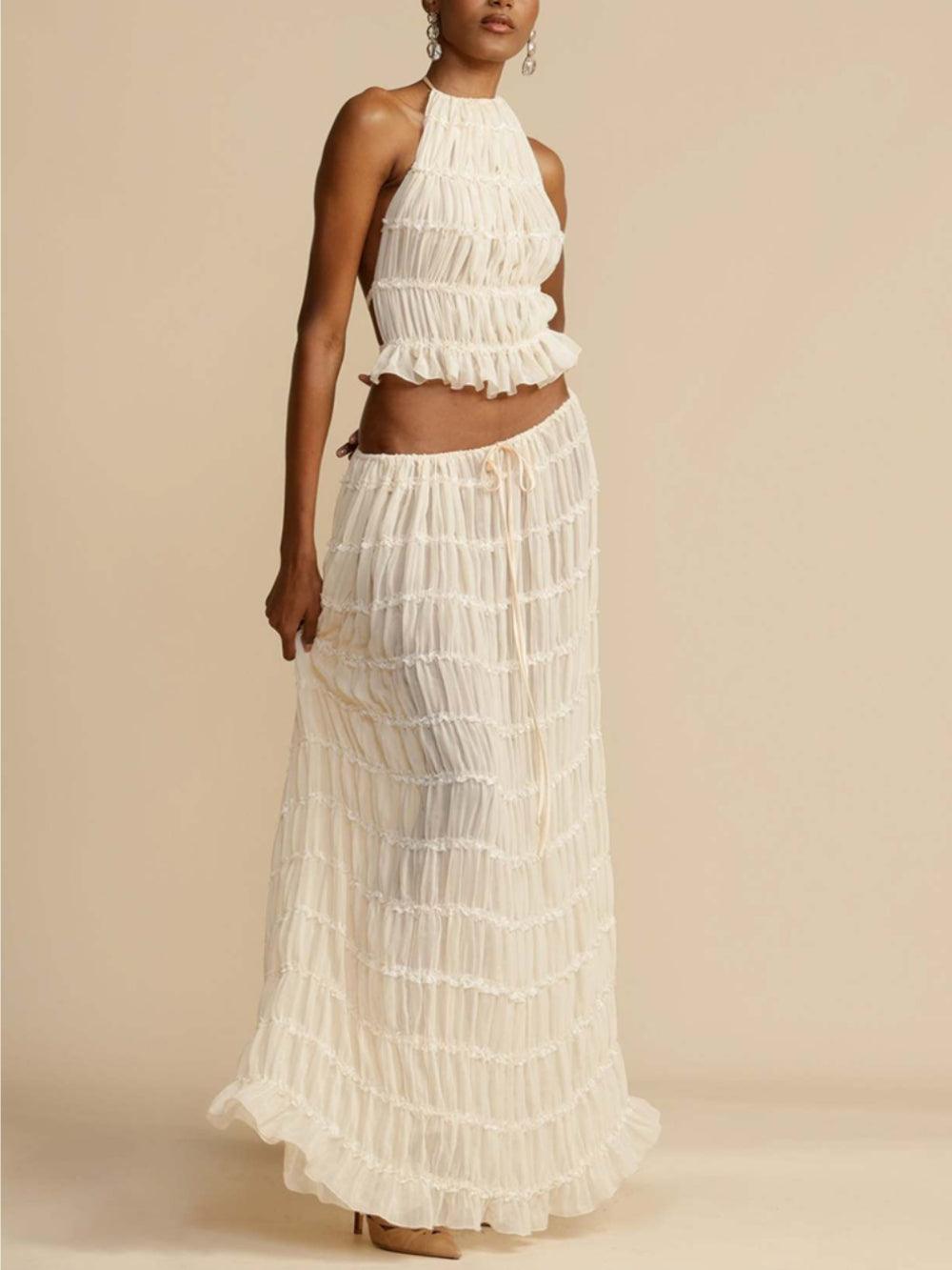 Reyanna™ | Pleated Drawstring Charm Waist Tiered Maxi Skirt Suit