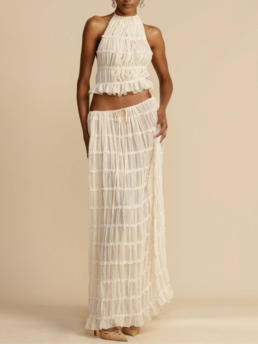 Reyanna™ | Pleated Drawstring Charm Waist Tiered Maxi Skirt Suit