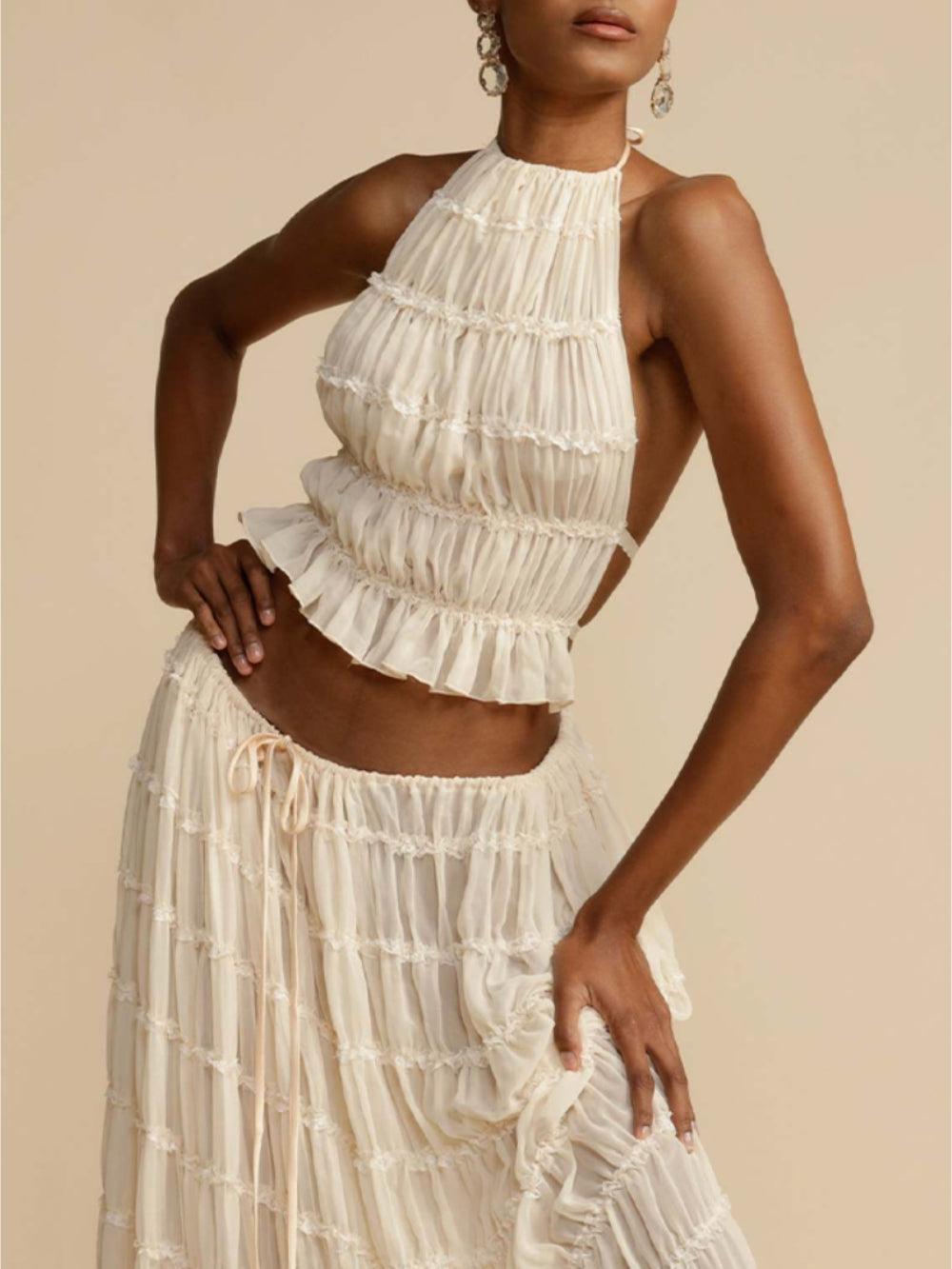 Reyanna™ | Pleated Drawstring Charm Waist Tiered Maxi Skirt Suit