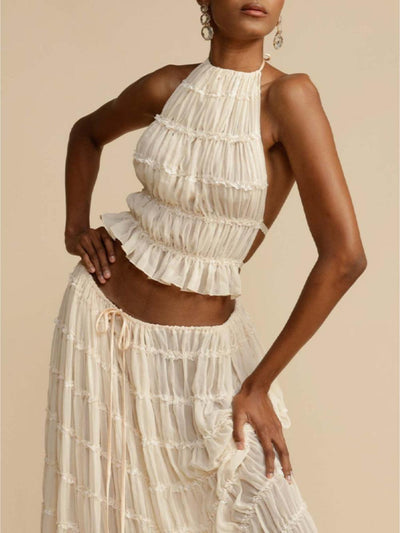 Reyanna™ | Pleated Drawstring Charm Waist Tiered Maxi Skirt Suit