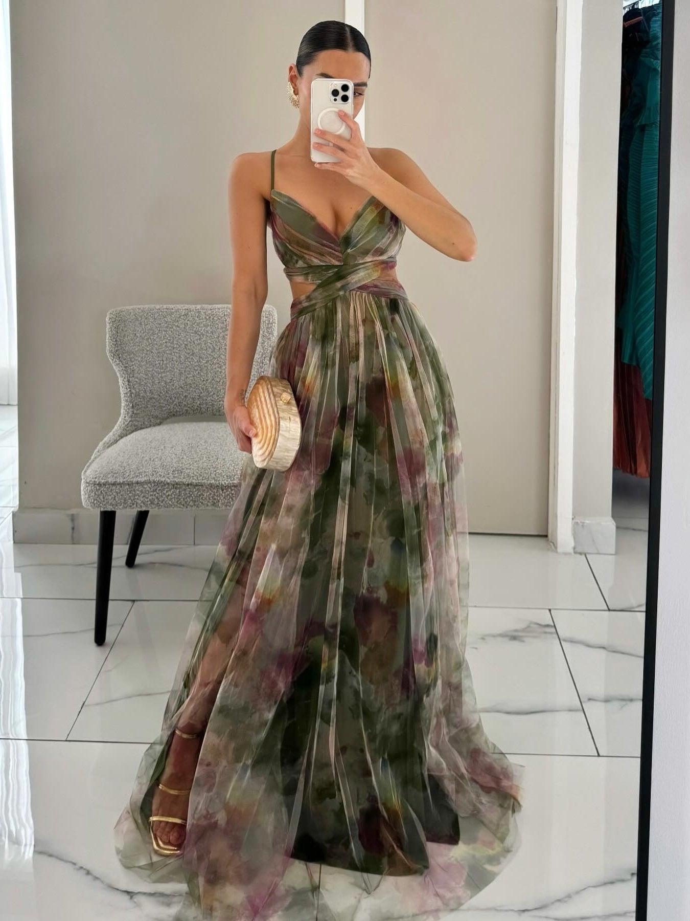 Reyanna™ | Elegant Painted Floral Print V-Neck A-Line Maxi Dress