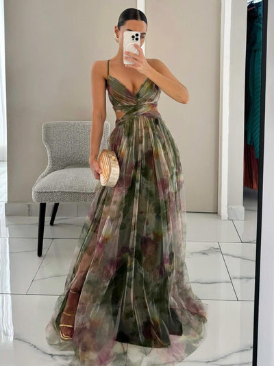 Reyanna™ | Elegant Painted Floral Print V-Neck A-Line Maxi Dress