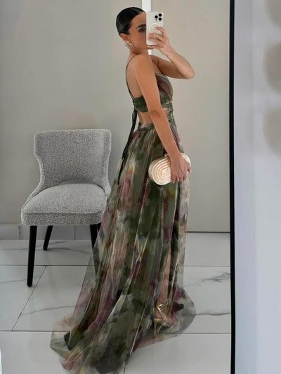 Reyanna™ | Elegant Painted Floral Print V-Neck A-Line Maxi Dress