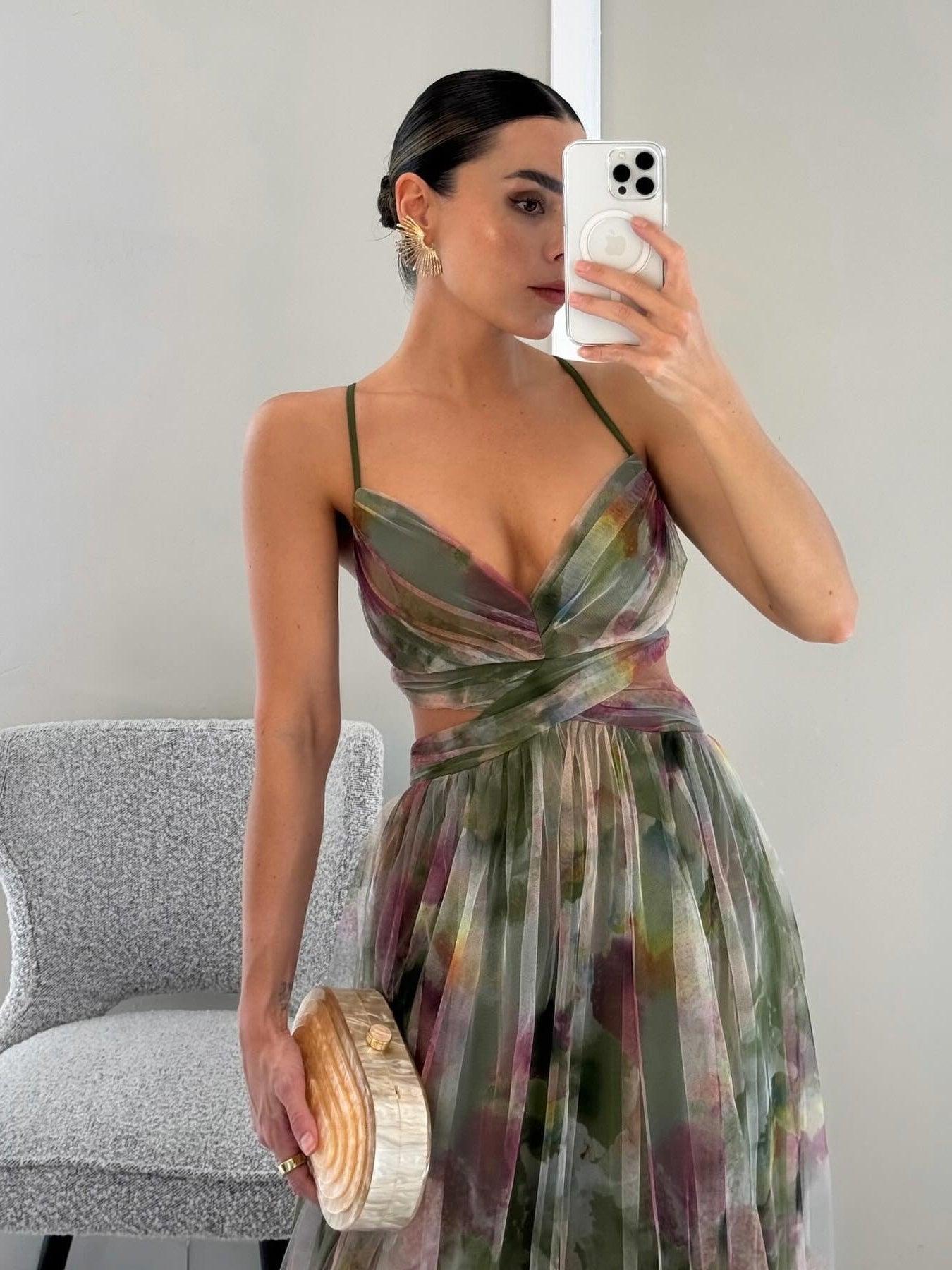 Reyanna™ | Elegant Painted Floral Print V-Neck A-Line Maxi Dress