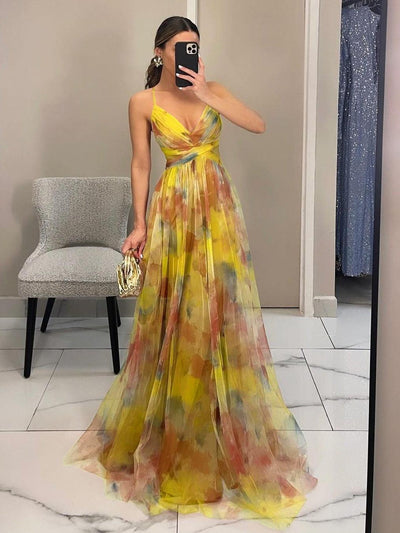 Reyanna™ | Elegant Painted Floral Print V-Neck A-Line Maxi Dress