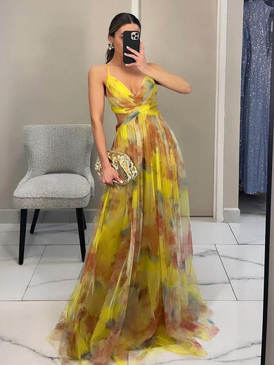 Reyanna™ | Elegant Painted Floral Print V-Neck A-Line Maxi Dress