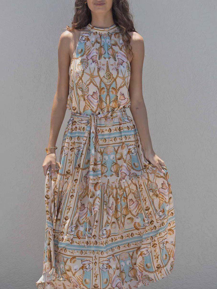 Reyanna™ | Exquisite Satin Ocean Treasure Print Maxi Dress