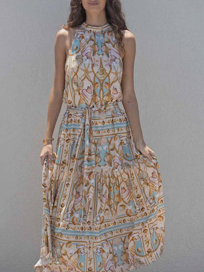 Reyanna™ | Exquisite Satin Ocean Treasure Print Maxi Dress