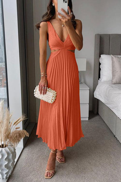 Reyanna™ | V Neck Cut Out Waist Sleeveless Pleated Maxi Dress