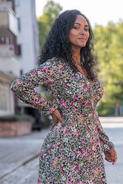 Puff sleeve midi wrap jersey dress - Pink flowers