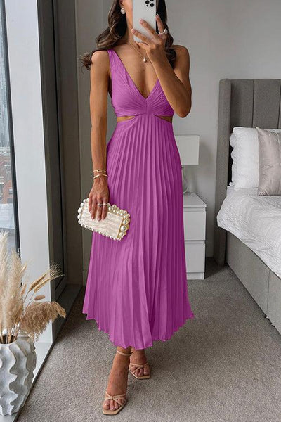 Reyanna™ | V Neck Cut Out Waist Sleeveless Pleated Maxi Dress