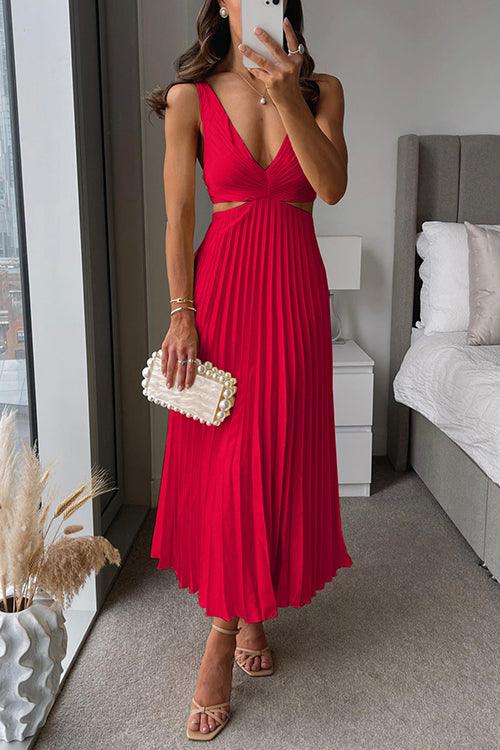 Reyanna™ | V Neck Cut Out Waist Sleeveless Pleated Maxi Dress