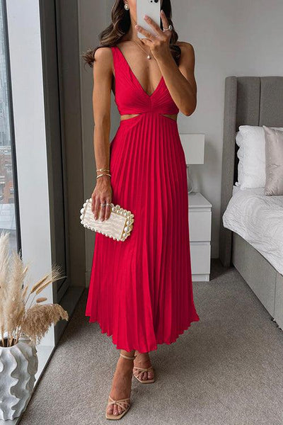 Reyanna™ | V Neck Cut Out Waist Sleeveless Pleated Maxi Dress