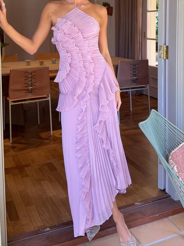 Reyanna™ | Pleated Suspender Long Dress With Slits