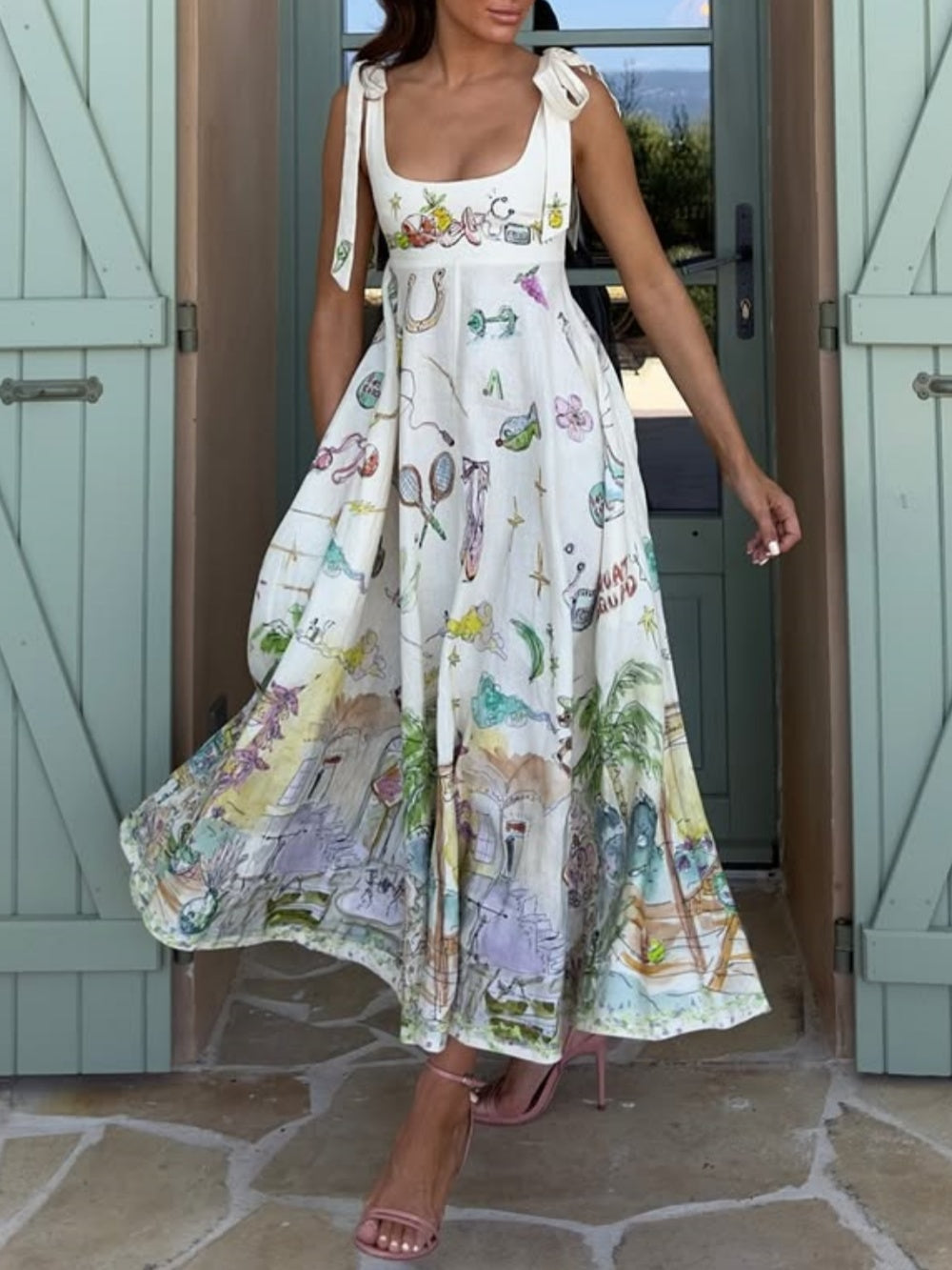 Reyanna™ | Linen Painted Ballet Tie Midi Dress