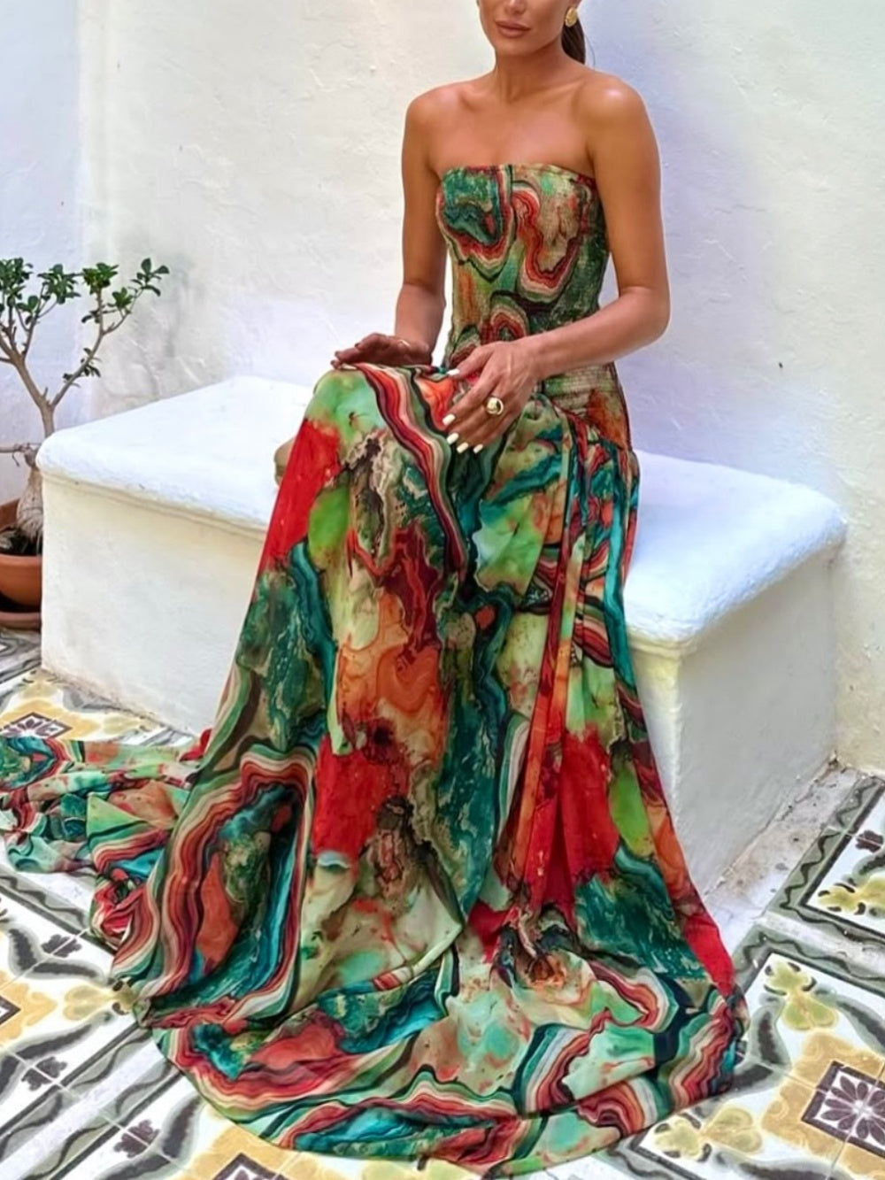 Reyanna™ | Colorful lava print off-the-shoulder pleated dress