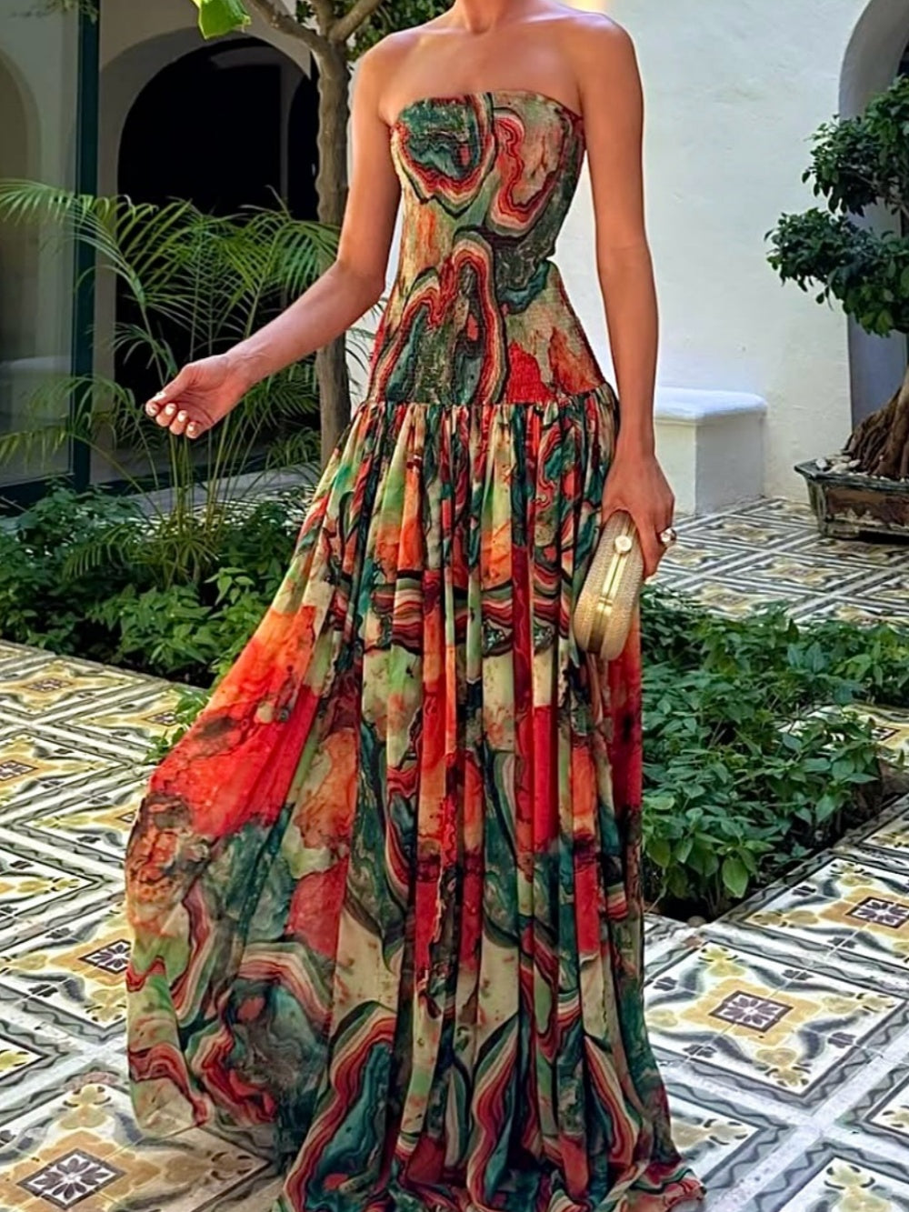 Reyanna™ | Colorful lava print off-the-shoulder pleated dress