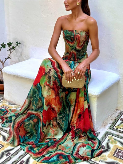 Reyanna™ | Colorful lava print off-the-shoulder pleated dress