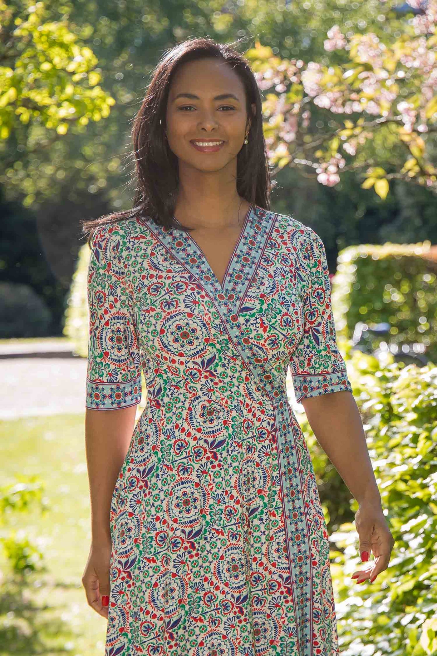 Slip-On wrap short jersey dress - Blue folklore