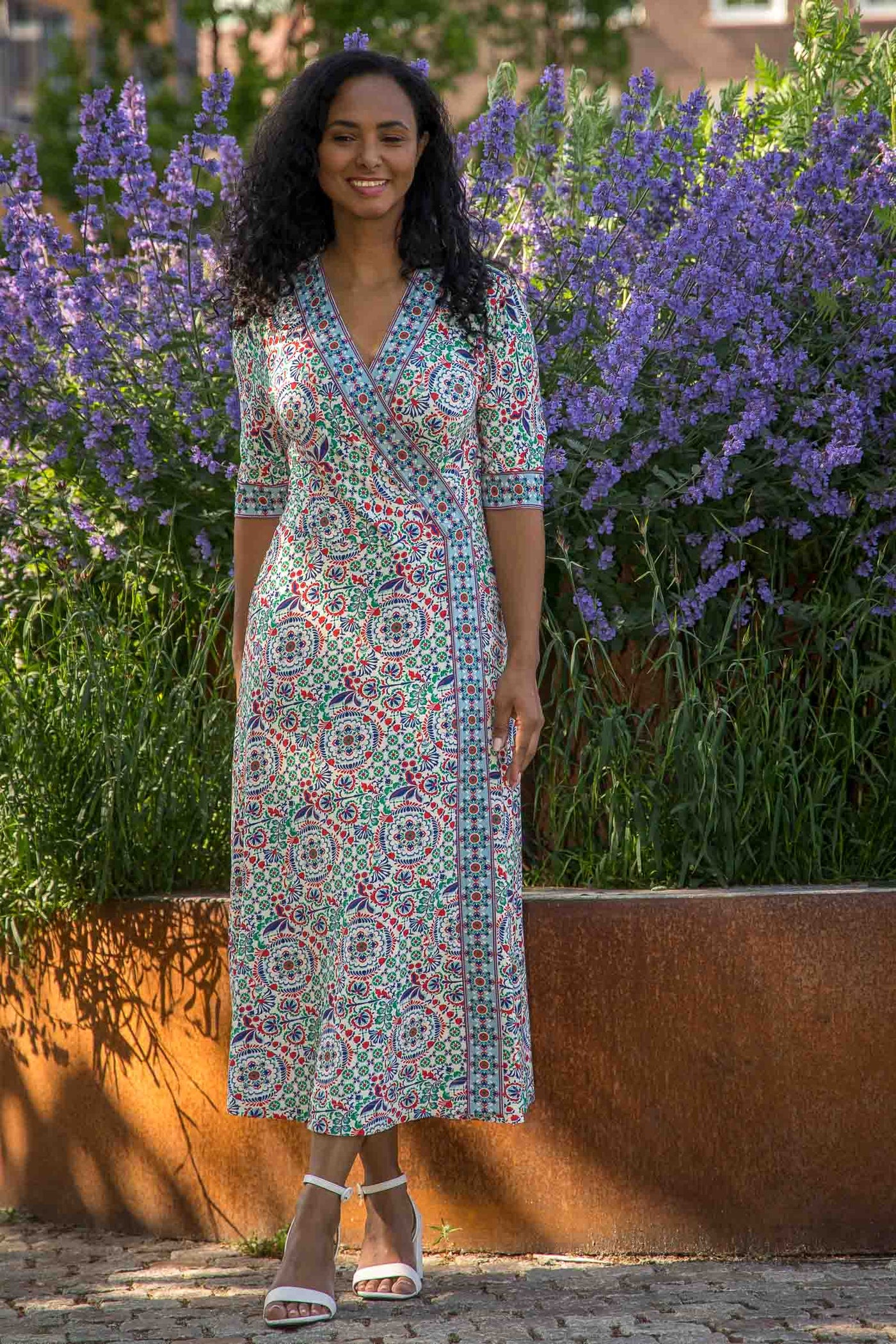 Slip-On wrap midi jersey dress - Blue folklore