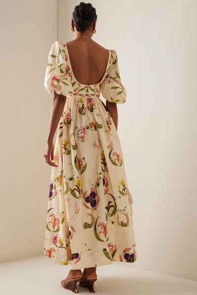 Reyanna™ | Floral Embroidery Puff Sleeve Square Collar Midi Dress