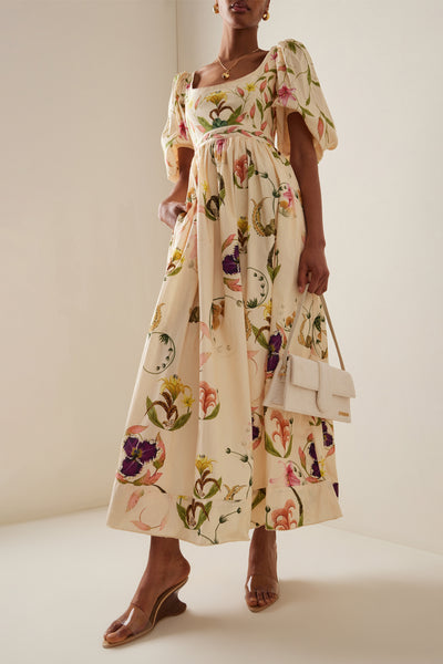 Reyanna™ | Floral Embroidery Puff Sleeve Square Collar Midi Dress