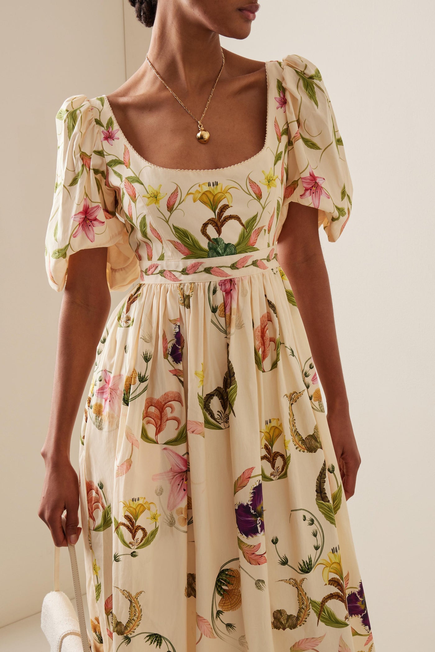 Reyanna™ | Floral Embroidery Puff Sleeve Square Collar Midi Dress