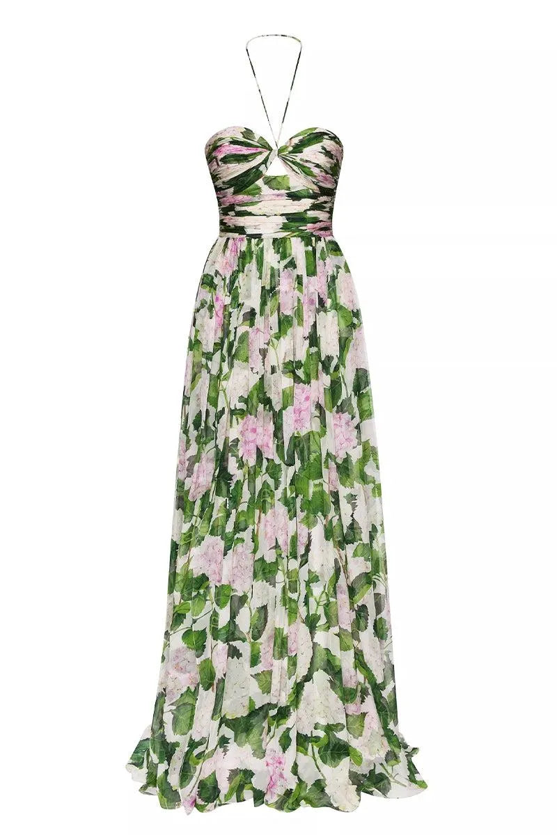 Reyanna™ | Floral Off-Shoulder Halter Neck Pleat Maxi Dress
